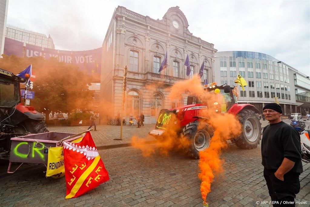 Kleine groep boeren toeterend naar Europees Parlement