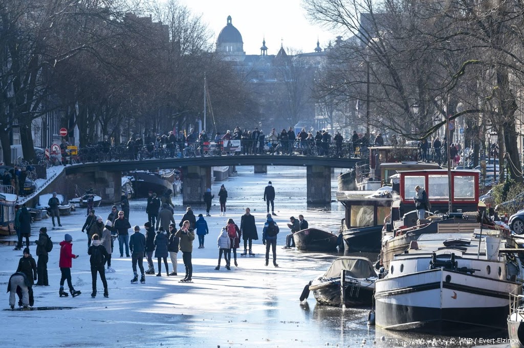 Mensen schaatsen op Prinsengracht in Amsterdam