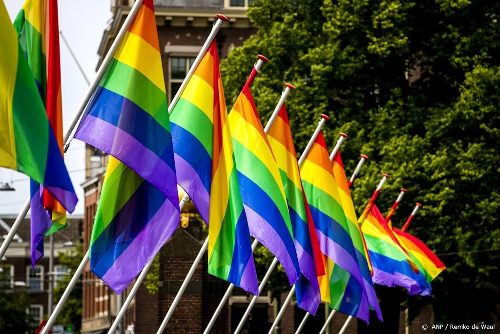 Verschillende gebouwen in regenboogkleuren verlicht als statement