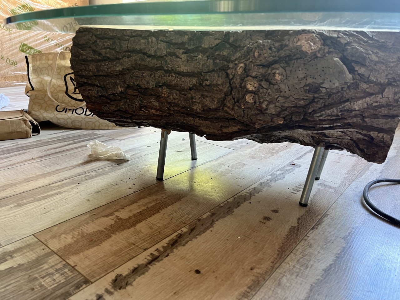 Unieke boomstam salontafel met gehard glas