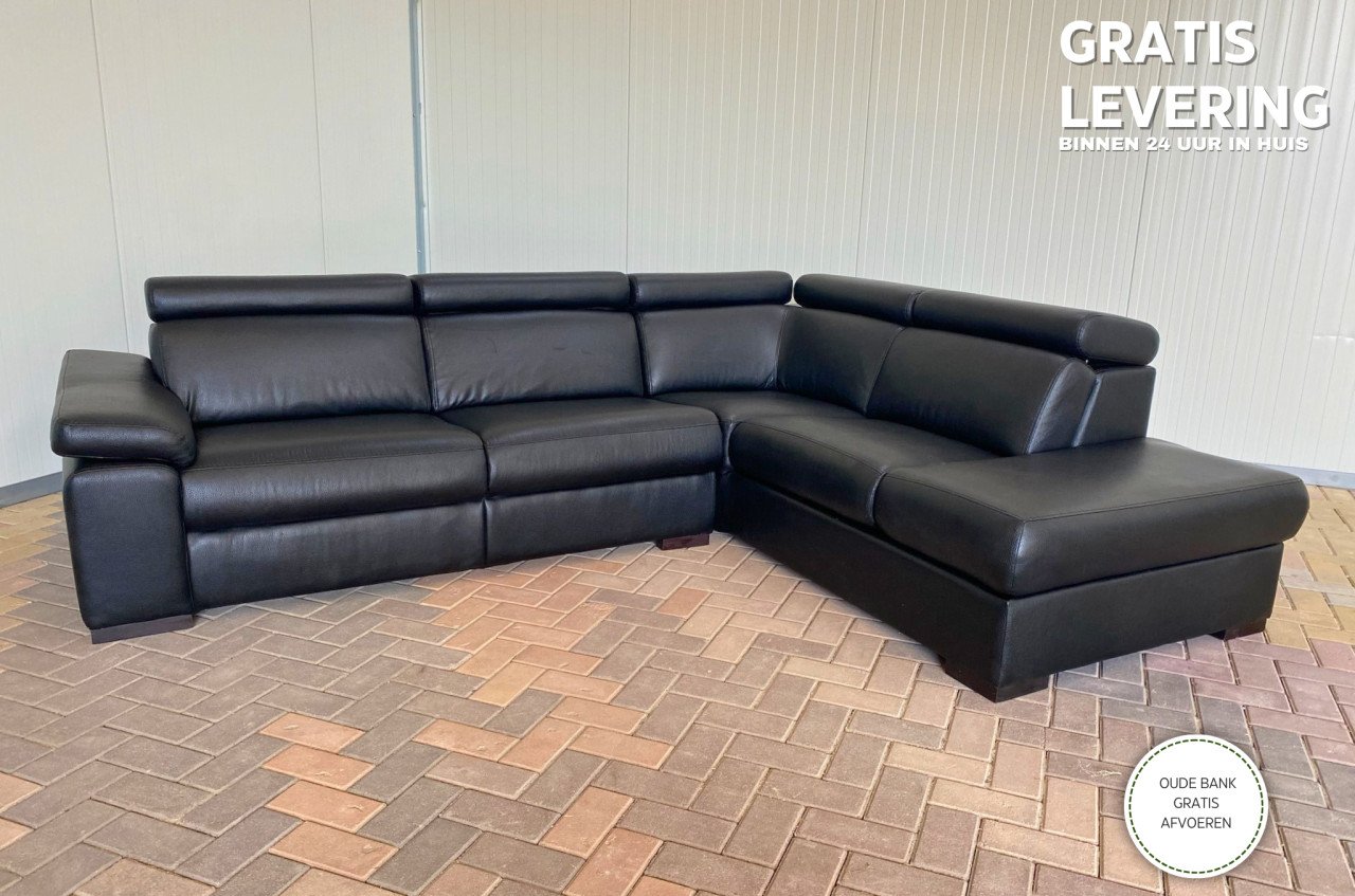 GRATIS LEVERING HEEL NL Zwarte Echt Leer Hoekbank met Chaise Lounge