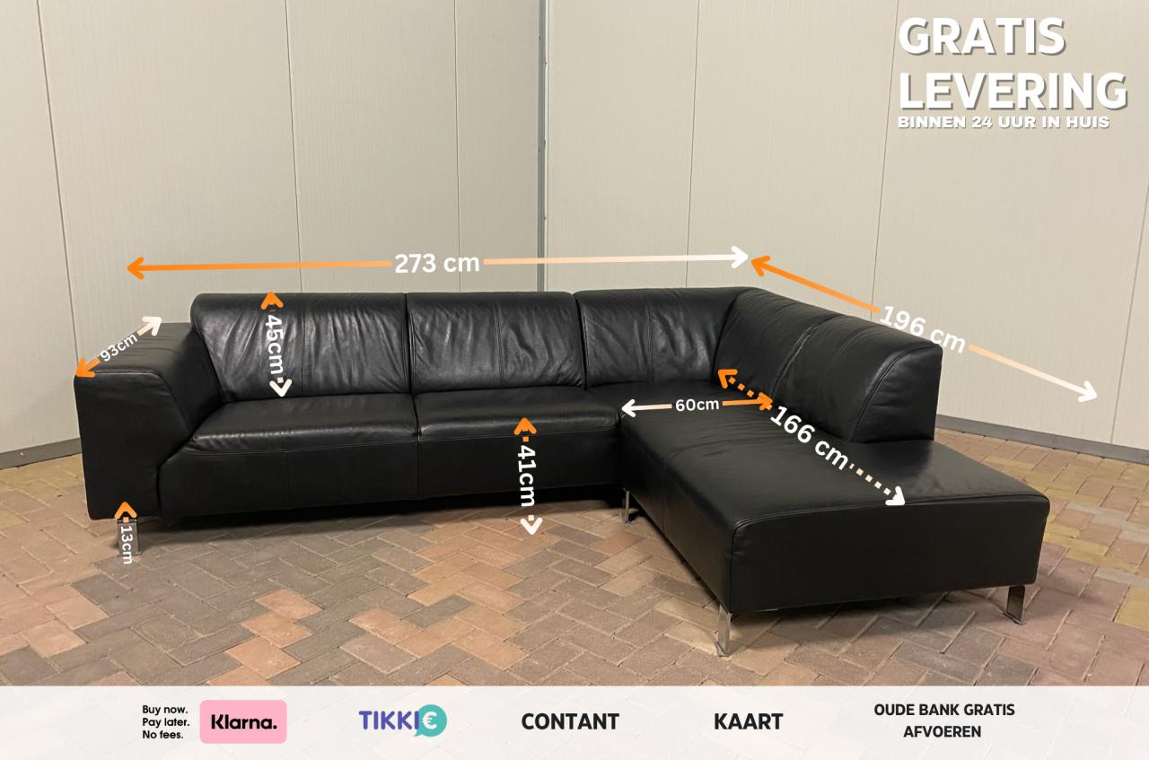 Zwarte Echt Leren Hoekbank – Brede Zit – Solide Basis – Gratis Levering NL