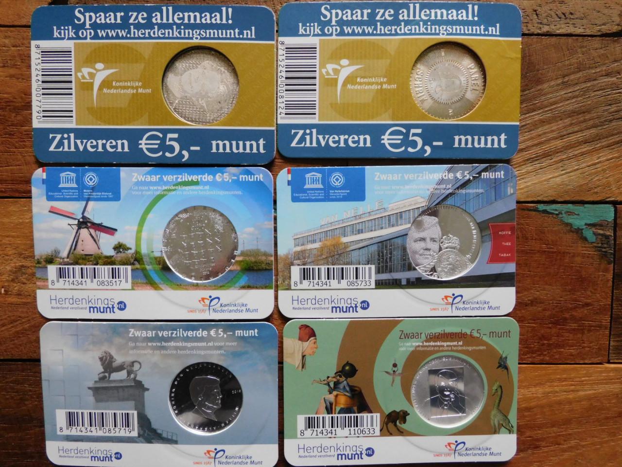 6 herdenkings €5 munten (ver)zilver(d)