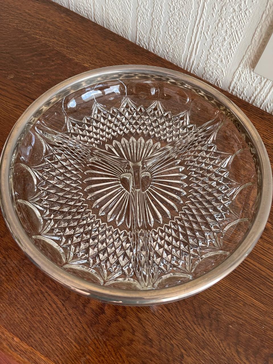 Vintage design glazen schaal met zilveren rand