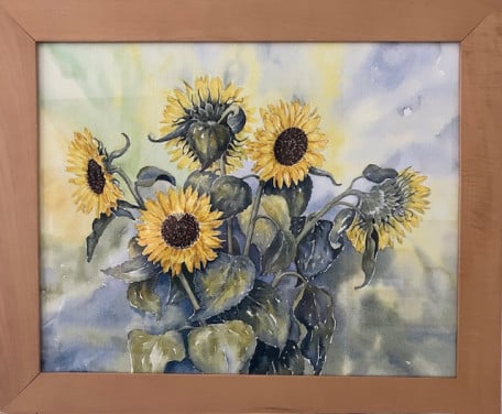 MOOI GESCHILDERDE AQUAREL ZONNEBLOEMEN INGELIJST