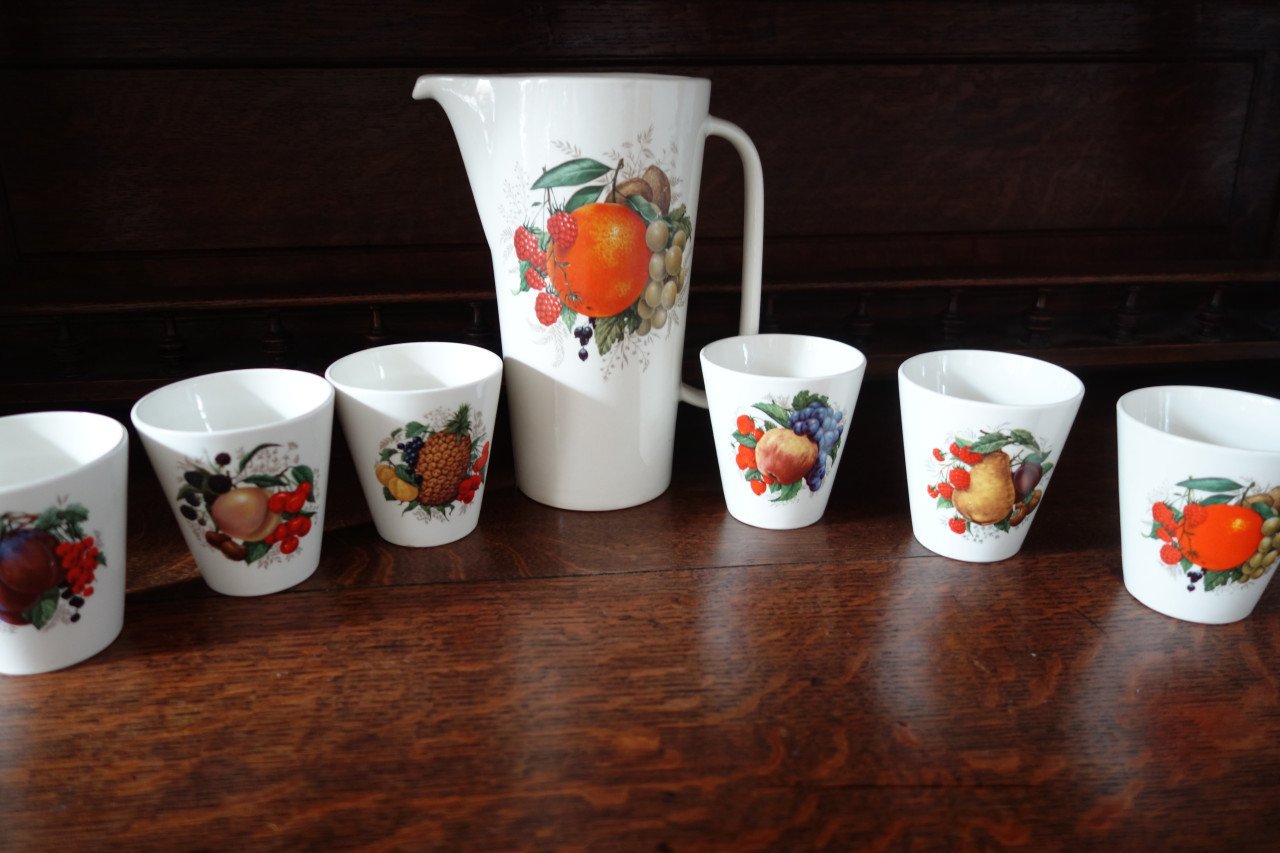 Vintage ceramique Juice kan + 6 bekers Boch Keramis La Louvière