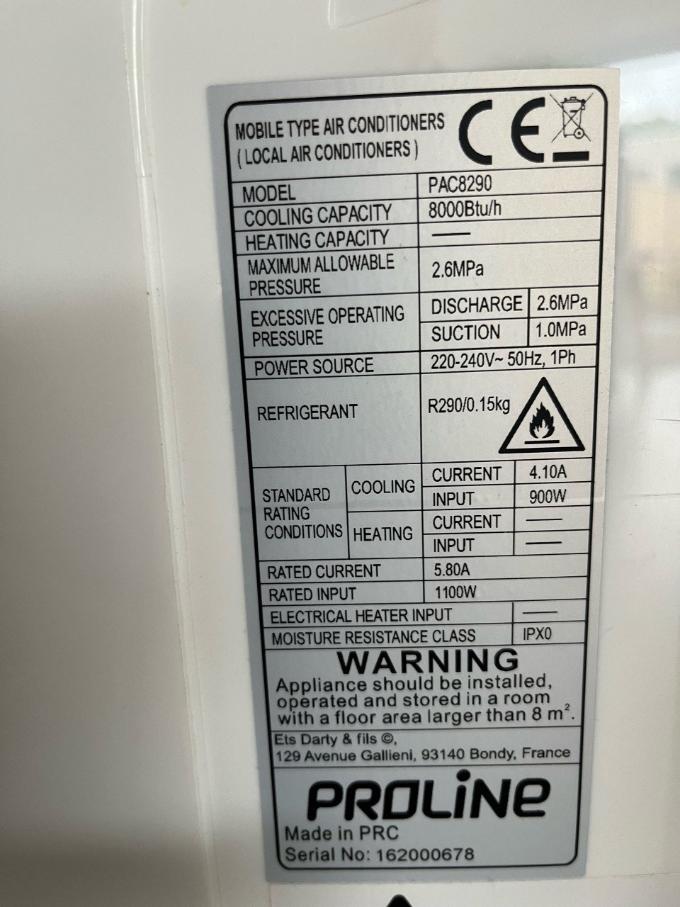 Mobiele airco Proline 8000Btu/h