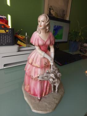 Prachtig Antiek Italiaans Porseleinen Beeld - C. Ganci - Dame met Windhond