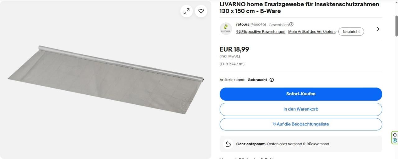Vervangend doek voor insectenhor 130 x 150 cm (zonwerende stof)