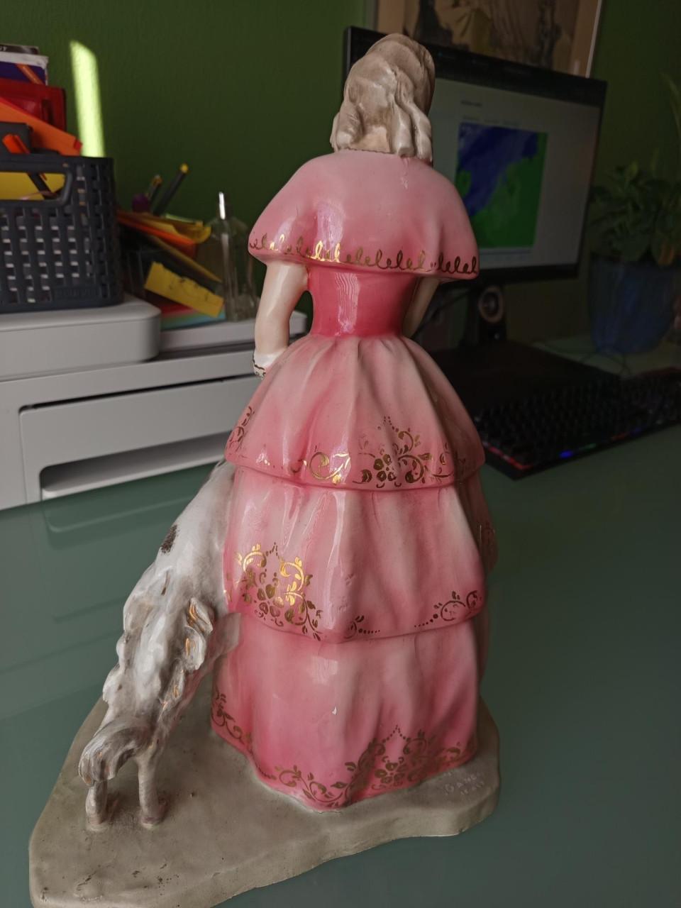 Prachtig Antiek Italiaans Porseleinen Beeld - C. Ganci - Dame met Windhond
