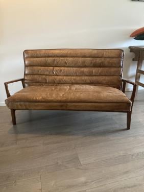 2 zits eikenhouten bankje met bruin leer