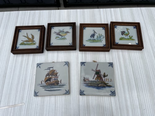 Delfts Blauw Tegels Kleurrijke vogel, molen en schip