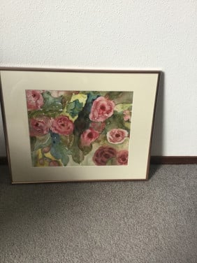 2 bij elkaar passende schilderijen in mooie rose-kleurige lijst