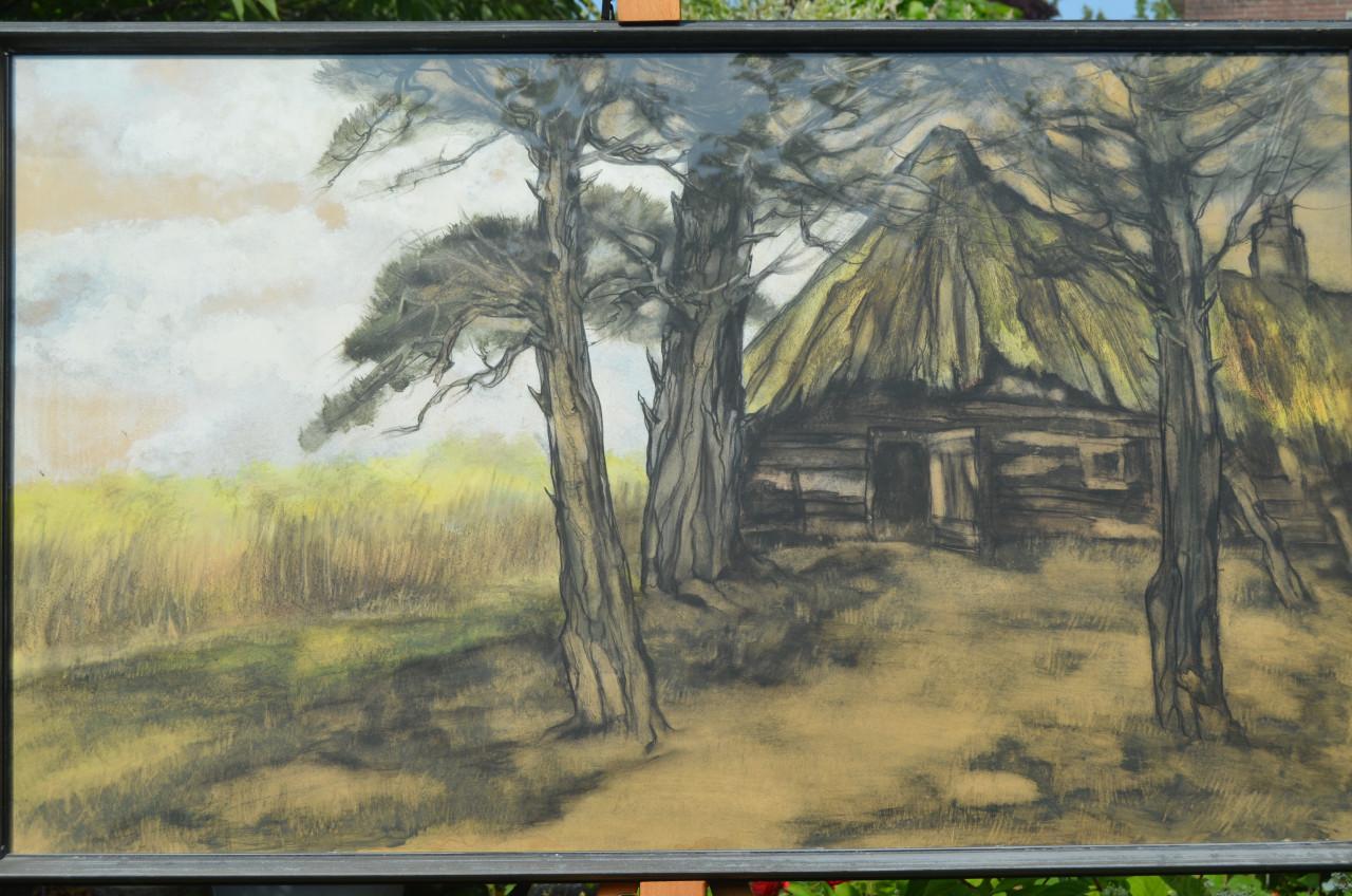 Grote aquarel Fred Slips boerenwoning in een dennenbos