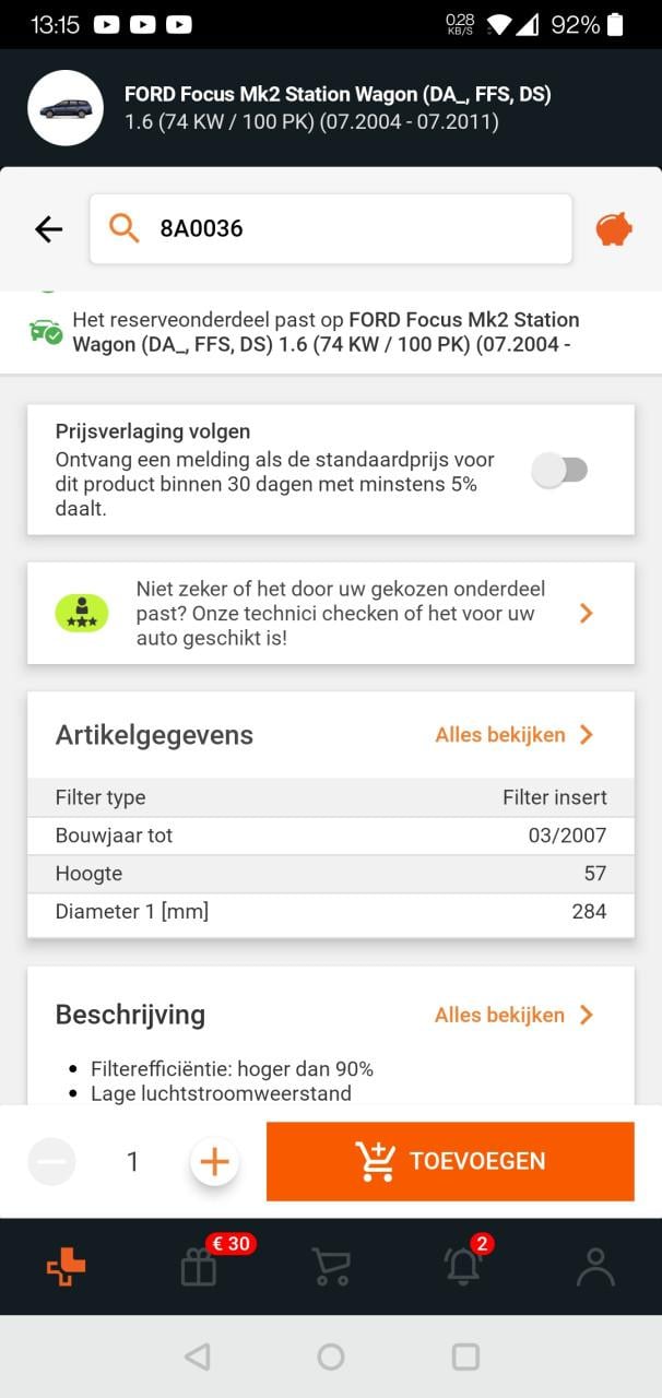 Luchtfilter voor Ford Focus/C-Max, Volvo V50 V40 S40 C30, Renault Megane II