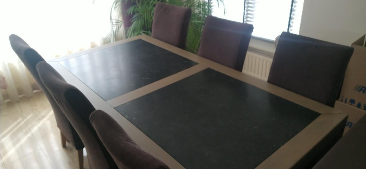 *** Te koop: Eethoek met 6 stoelen (grijs-eiken met hardstenen platen) ***