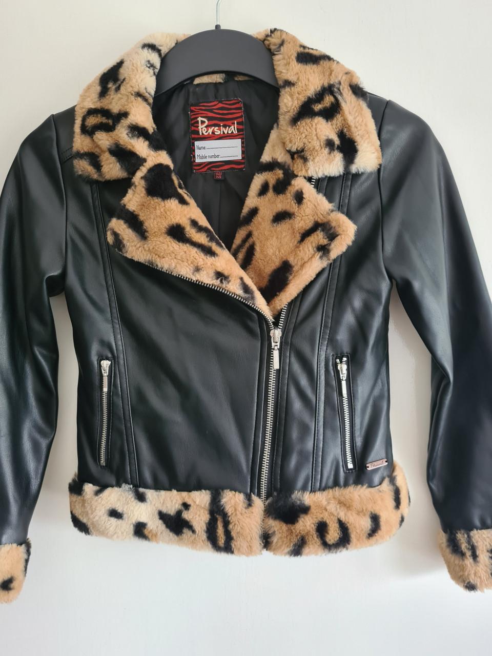 Stoere Persival PU leer meisjes jas met luipaardprint bont