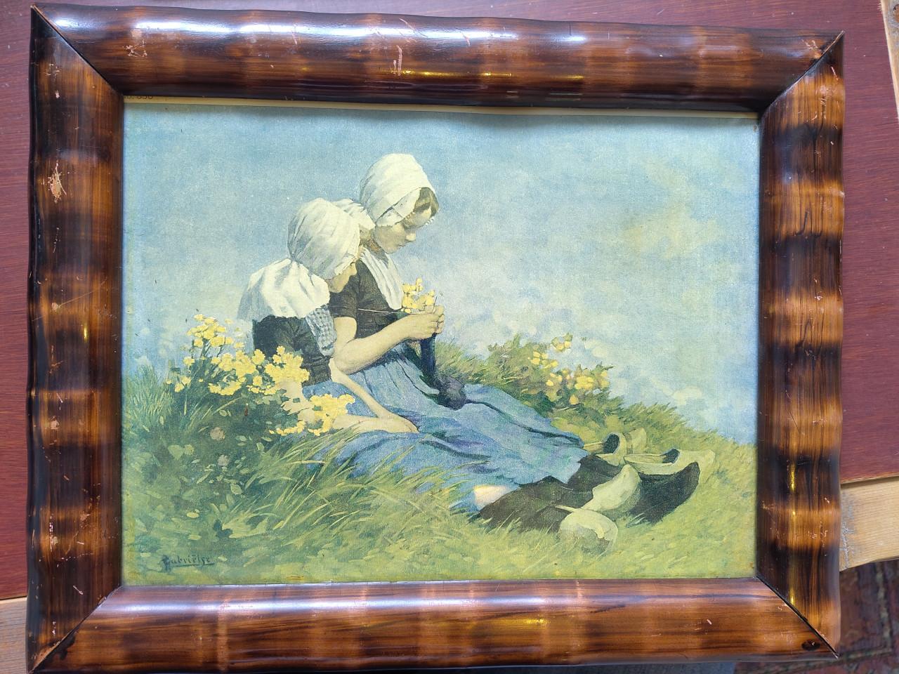 Mooi schilderijtje van twee Zeeuwse meisjes in een bijzonder lijstje