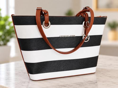 Zwart-wit gestreepte shopper tas met bruine details