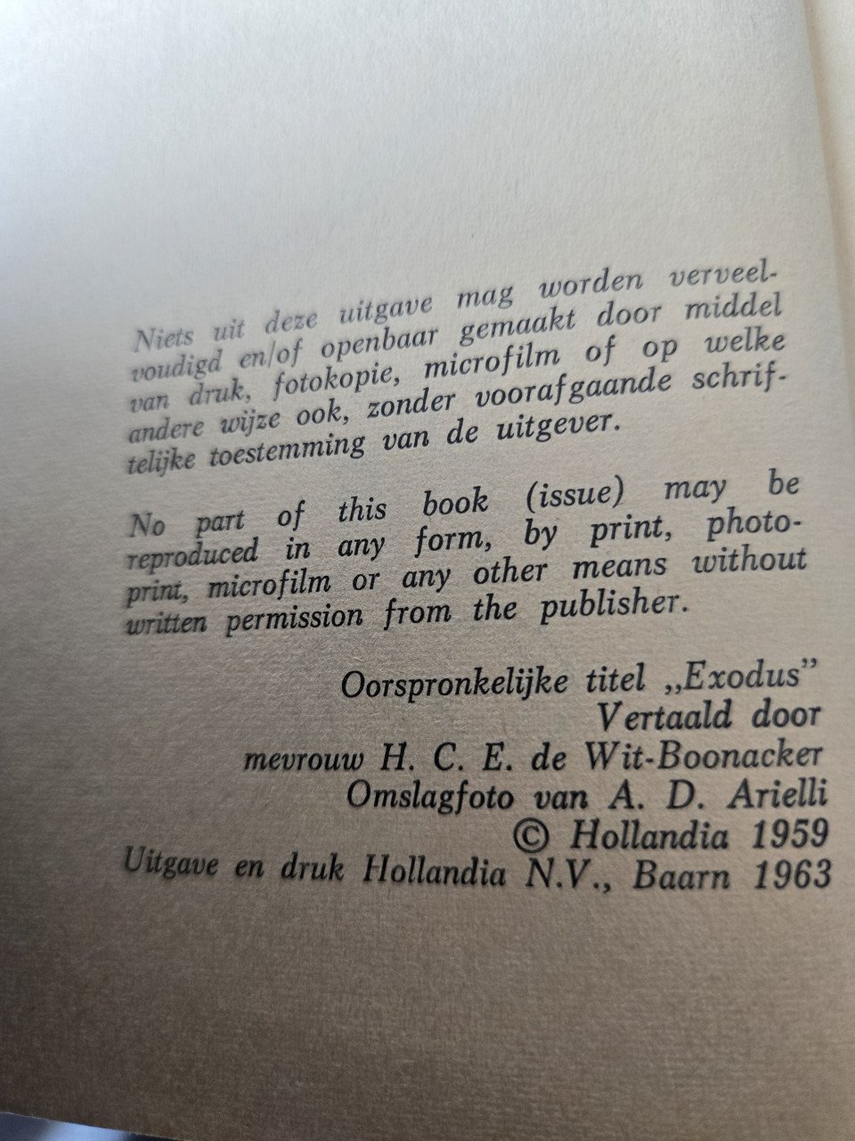 Boek Exodus  Schrijver: Leon Uris  Hollandia, Baarn, 1963