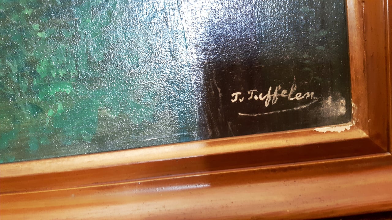 Schilderij landschap op doek, gesigneerd J. van Tuffelen