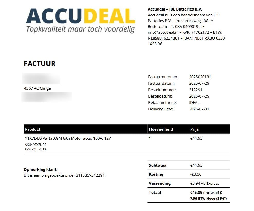 YTX7L-BS Varta AGM 6Ah Motor accu, 100A, 12V