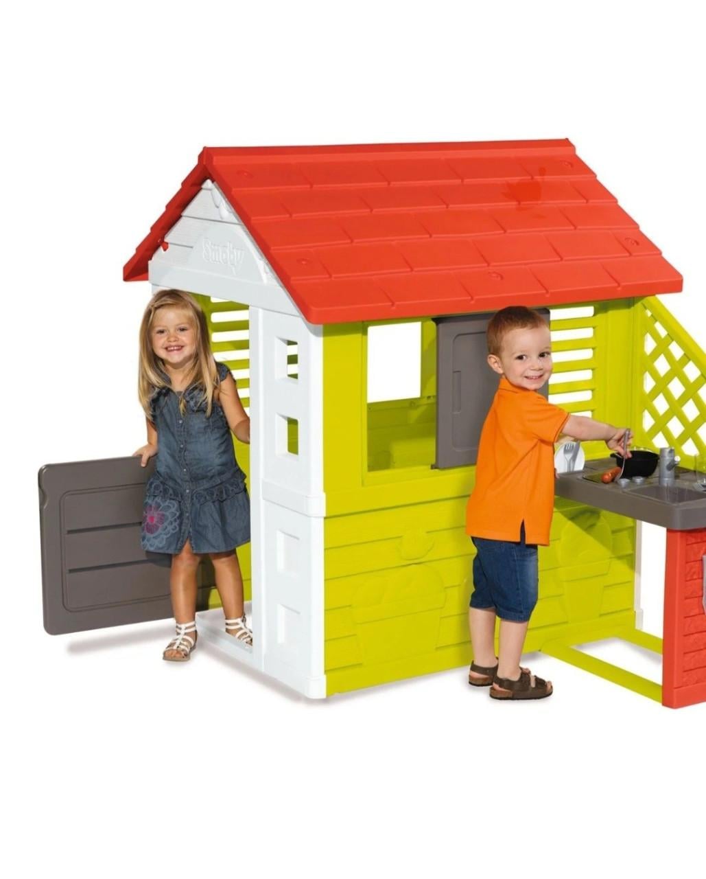 Smoby speelhuis + buitenkeuken, deurbel + ( water) glijbaan