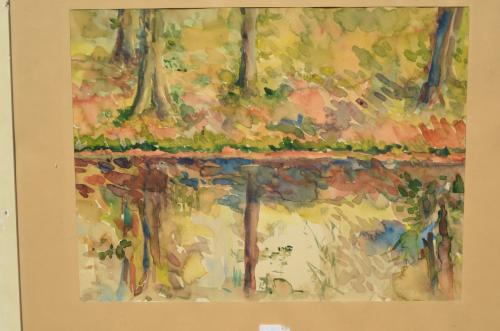 Aquarel Herfstbos aan het water C. Weidner Ballego