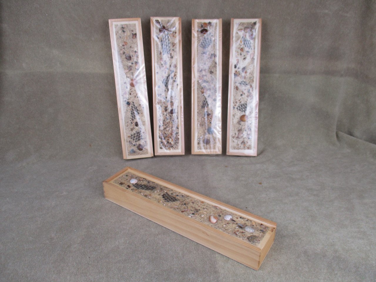 Mikado spel in houten schuifdoosjes met stranddecoratie, 4 stuks