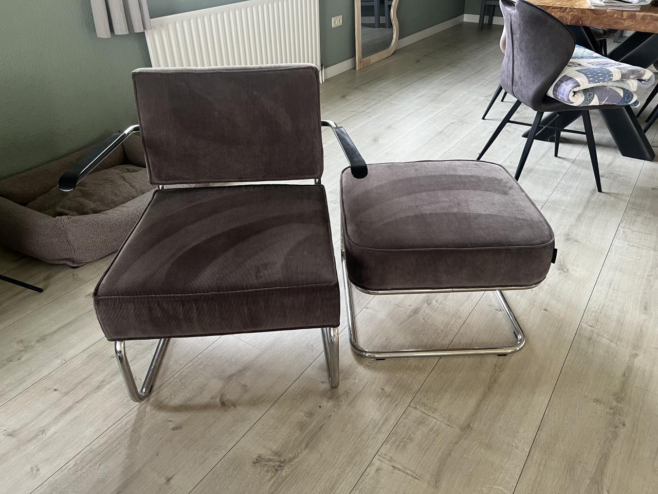 Fauteuil incl hocker grijs ribfluweel