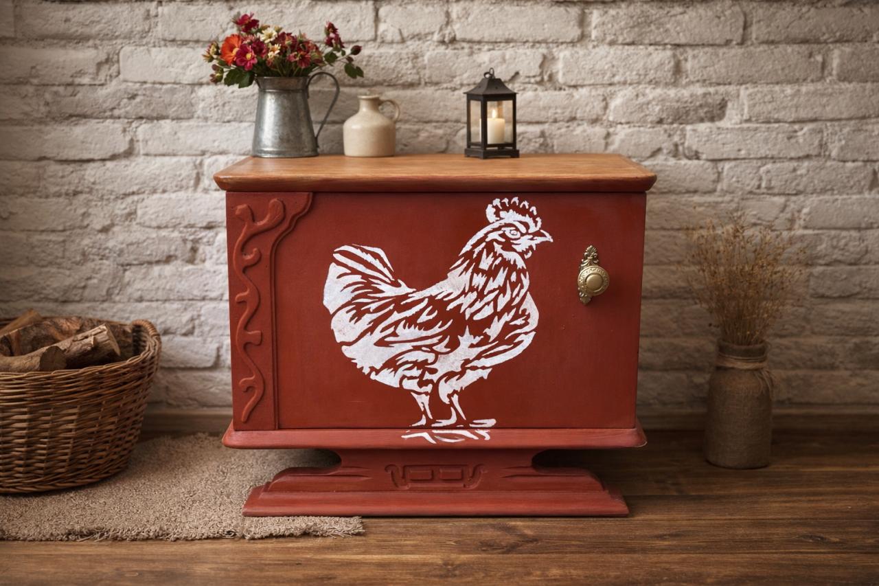Handbeschilderd nachtkastje - rood met kip en mandala - vintage brocante