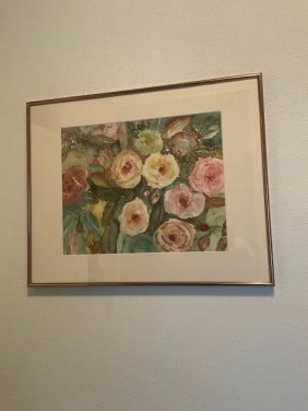 Mooi  schilderij in mooie rose-kleurige lijst met echt glas ervoor