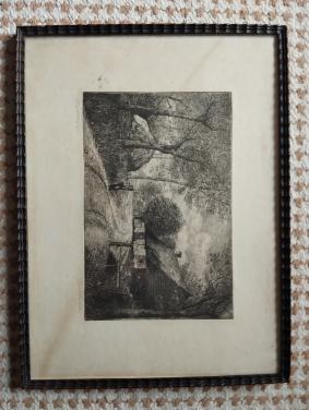 Oude ets J. v.d. Hulst, landschapje met een boerderij