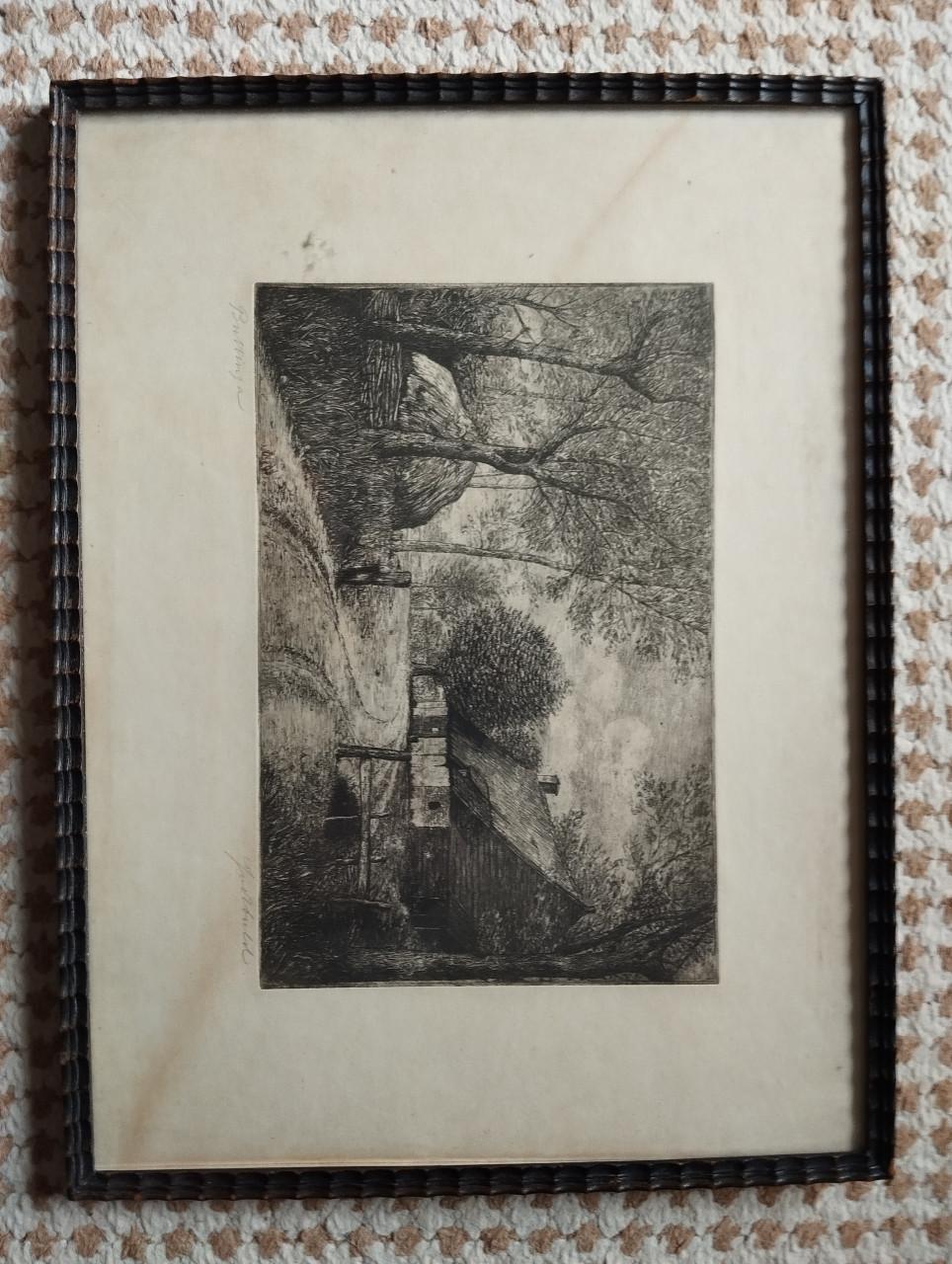 Oude ets J. v.d. Hulst, landschapje met een boerderij