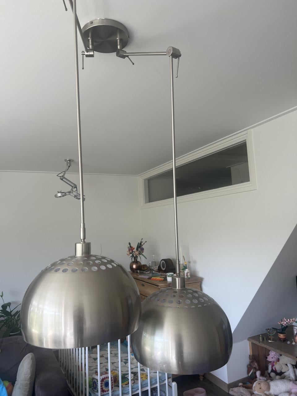 Rietveldlamp geschuurd staal plafond lamp met twee globes