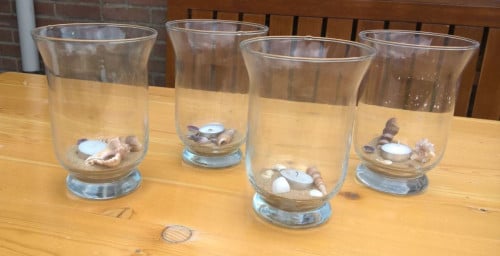 4 grote glas theelichthouders 19 cm +schelpen+kaarsen! 4=€5