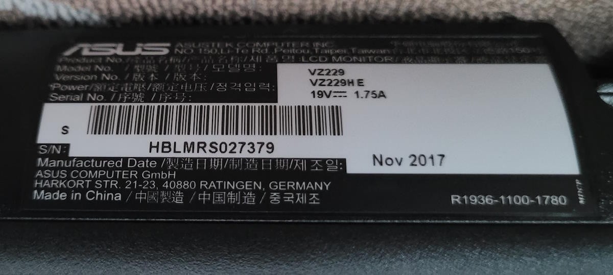 Asus monitor VZ229 zonder voet, met losse VESA mount