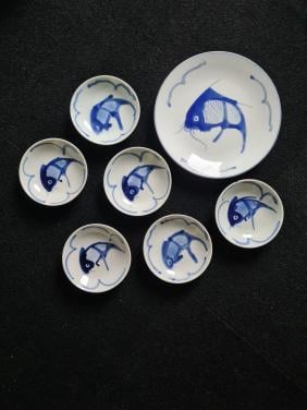 Vintage schalen set jaren 70, 7-delig Chinees porselein blauw- wit Motief: