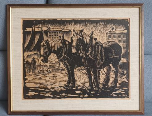 Paarden aan de kade, ingelijste hout-/linosnede