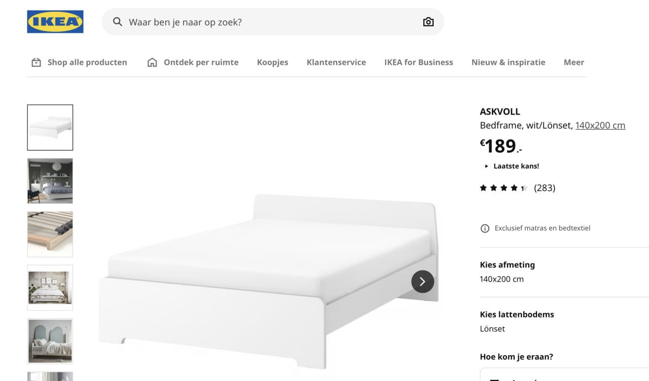 IKEA Bed ASKVOLL met lattenbodem, matras en onderlades