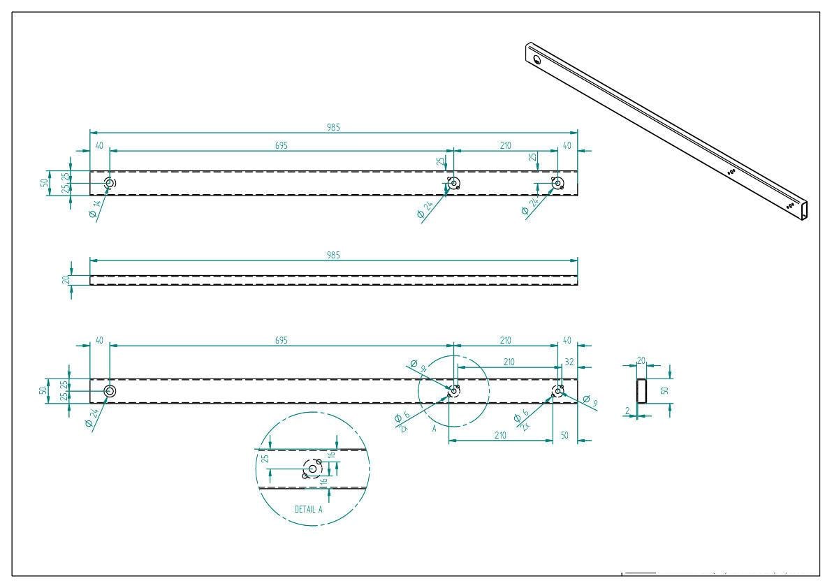 Kokerprofiel blank staal, 20x50x2 mm.