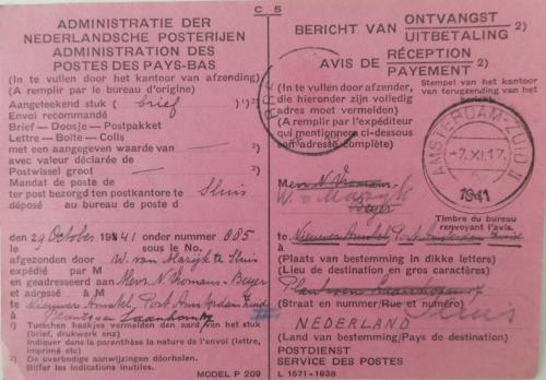 Ontvangstbericht, 1941, Ned. Posterijen, Amsterdam - Sluis