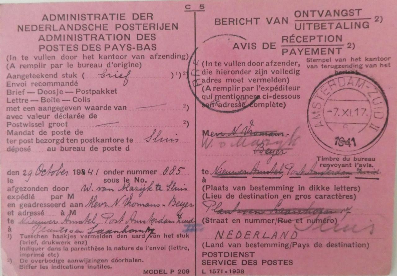 Ontvangstbericht, 1941, Ned. Posterijen, Amsterdam - Sluis