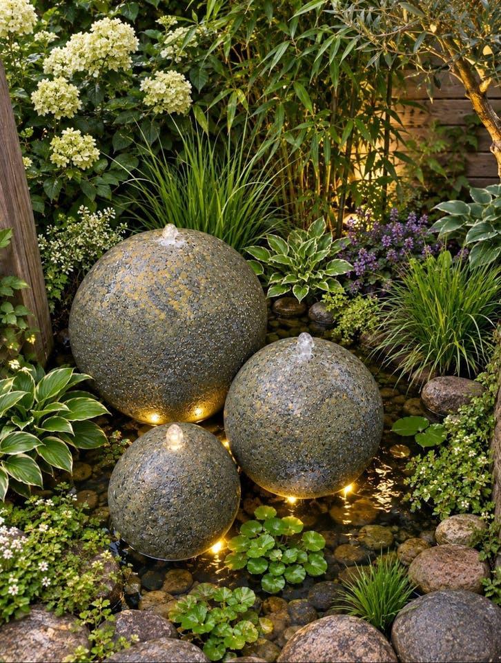 Waterornament met 3 stenen bollen