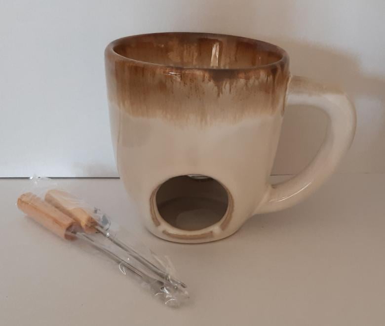 Fondue mok van Jens Living, beige, chocolade of kaas met 2 fonduevorkjes
