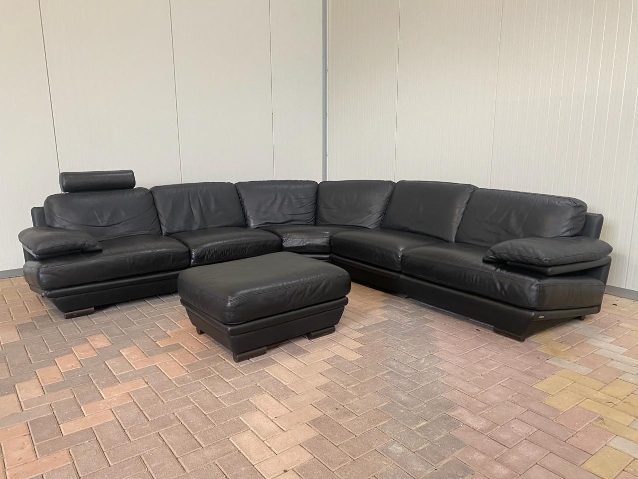 Natuzzi Plaza Hoekbank met Hocker–Echt Zwart Leer–Luxe Lounge Comfort