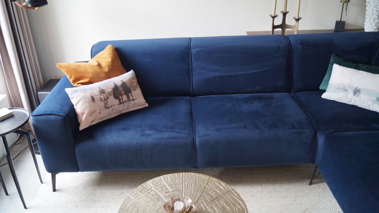 LIVIN24 Scandinavische hoekbank Vegas, stof velvet blauw 2,7 x 2,7 Meter.