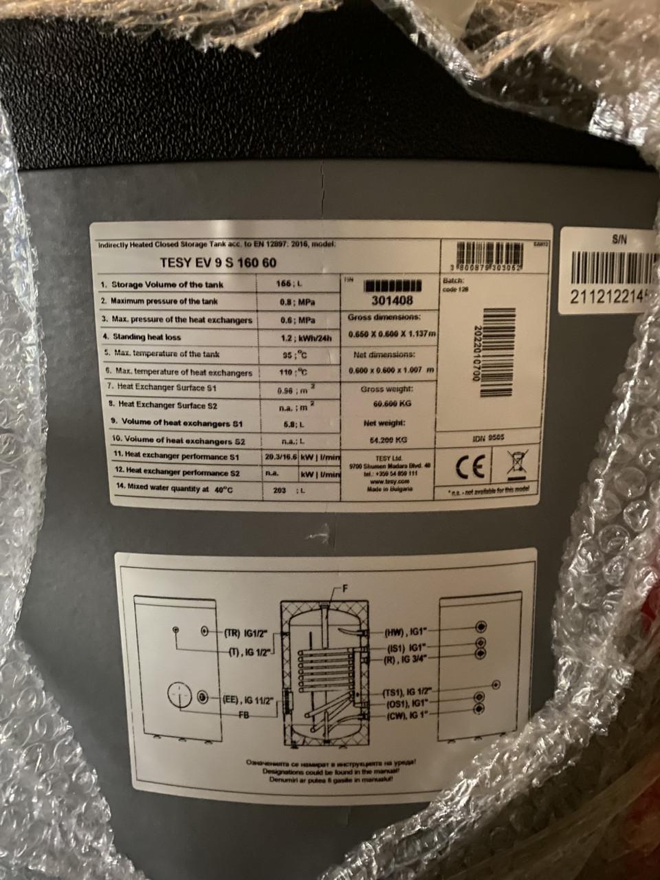 Tapwater vat met solar spiraal Tesy EV9S16060