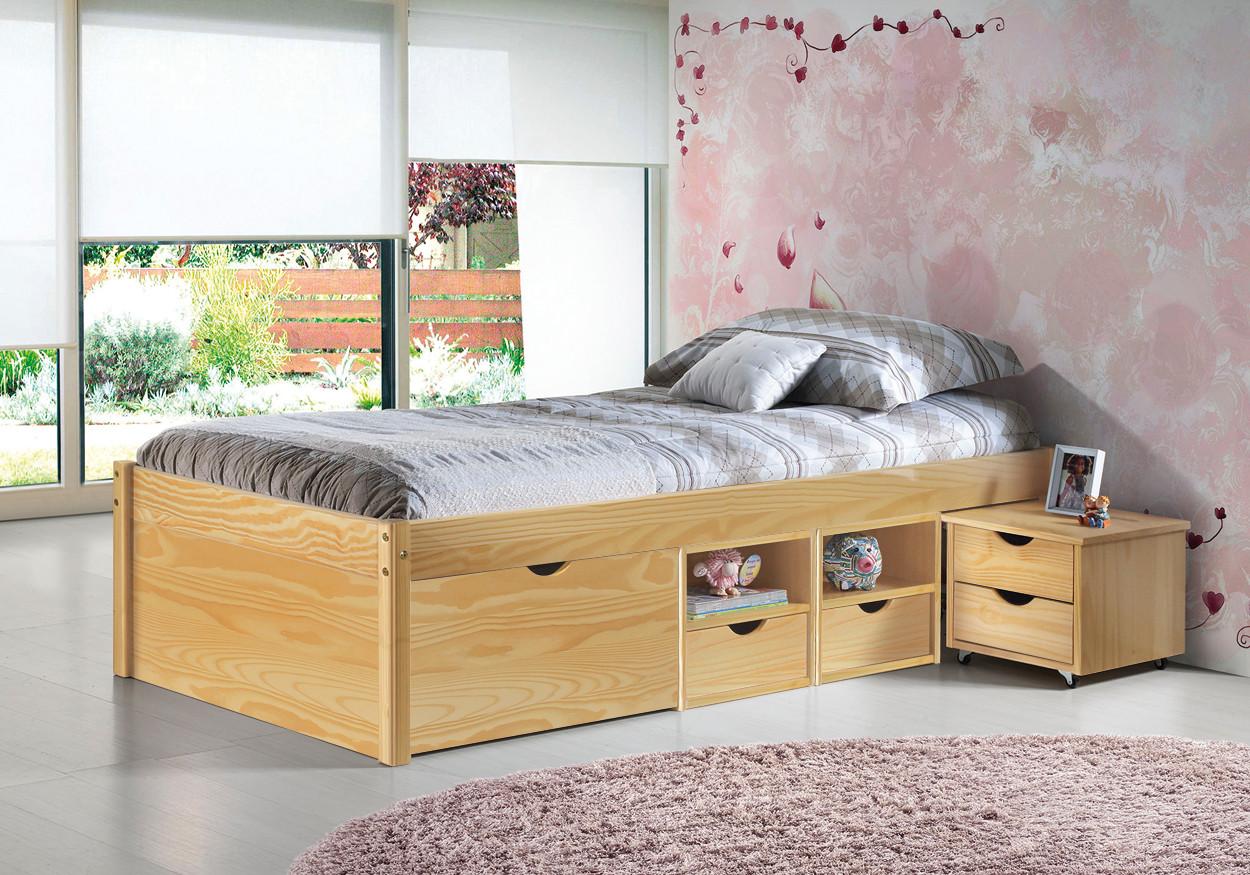 Kinderbed in Wit grenen massief hout 90 x 200 cm. 3 lades