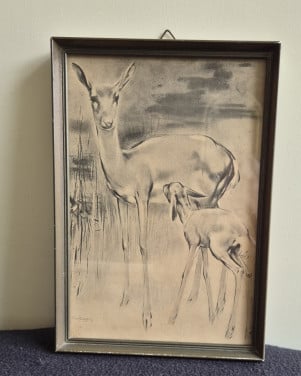 Vintage schilderij met afbeelding hert met jong  Door Han van Meegeren
